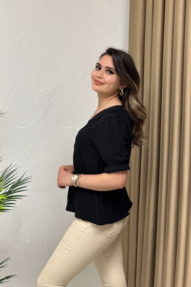 İthal Ayrobin Kumaş Bluz Siyah