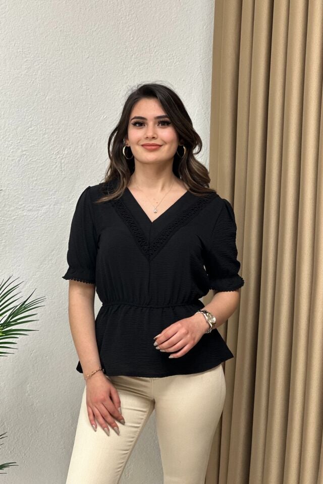 İthal Ayrobin Kumaş Bluz Siyah