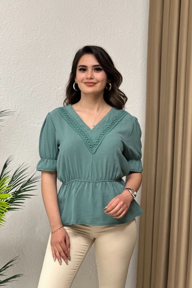 İthal Ayrobin Kumaş Bluz Mint Yeşil