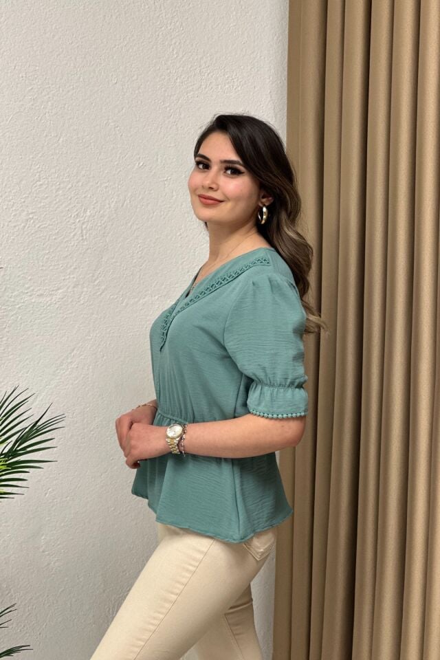 İthal Ayrobin Kumaş Bluz Mint Yeşil