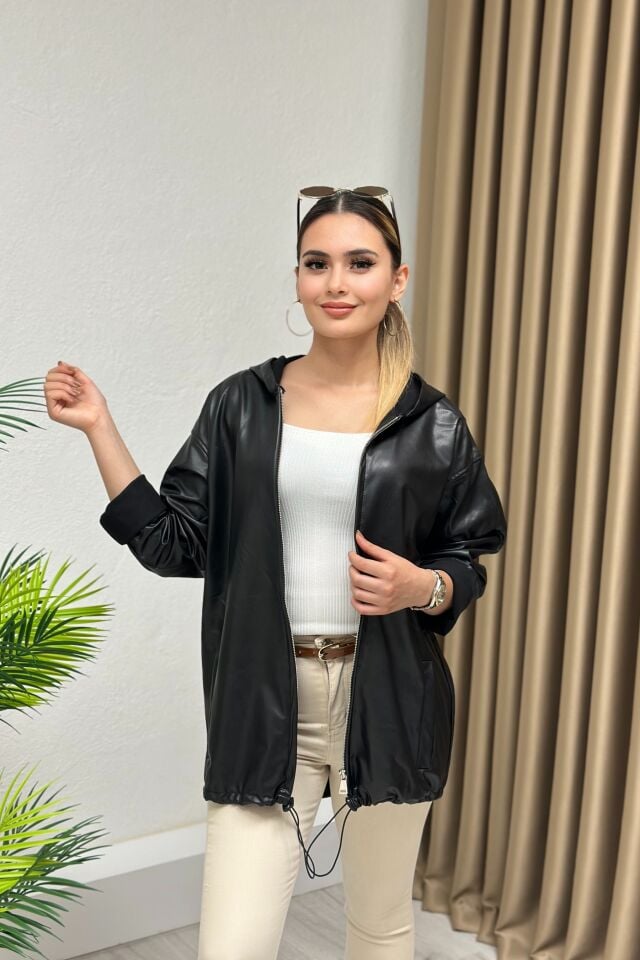 Kapşonlu Fermuarlı Deri Ceket Siyah
