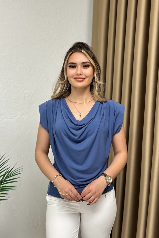 Vatkalı Degaje Yaka Bluz  Indigo Mavi