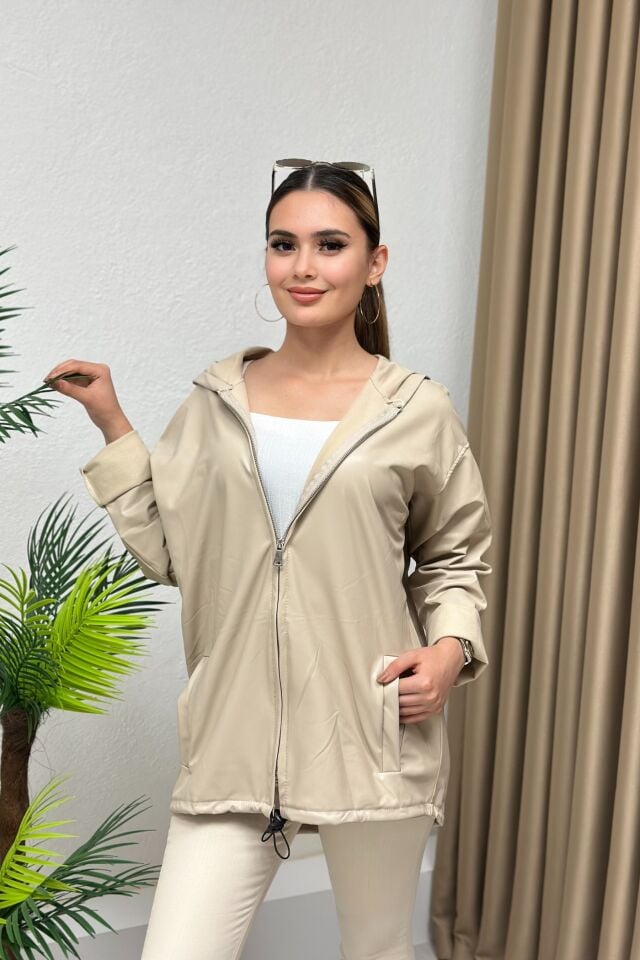Kapşonlu Fermuarlı Deri Ceket Bej