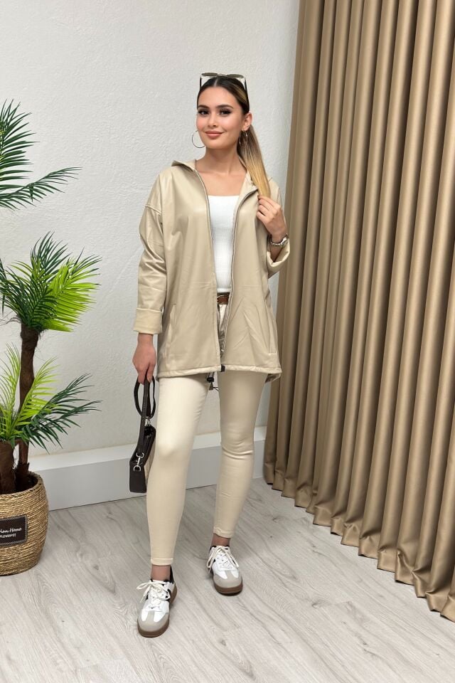 Kapşonlu Fermuarlı Deri Ceket Bej