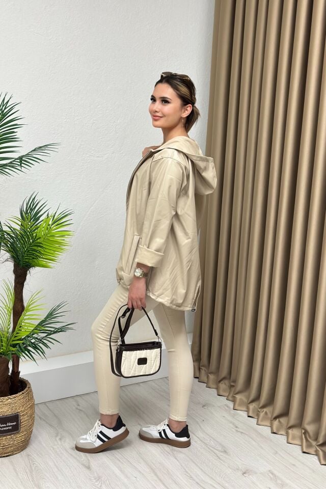 Kapşonlu Fermuarlı Deri Ceket Bej