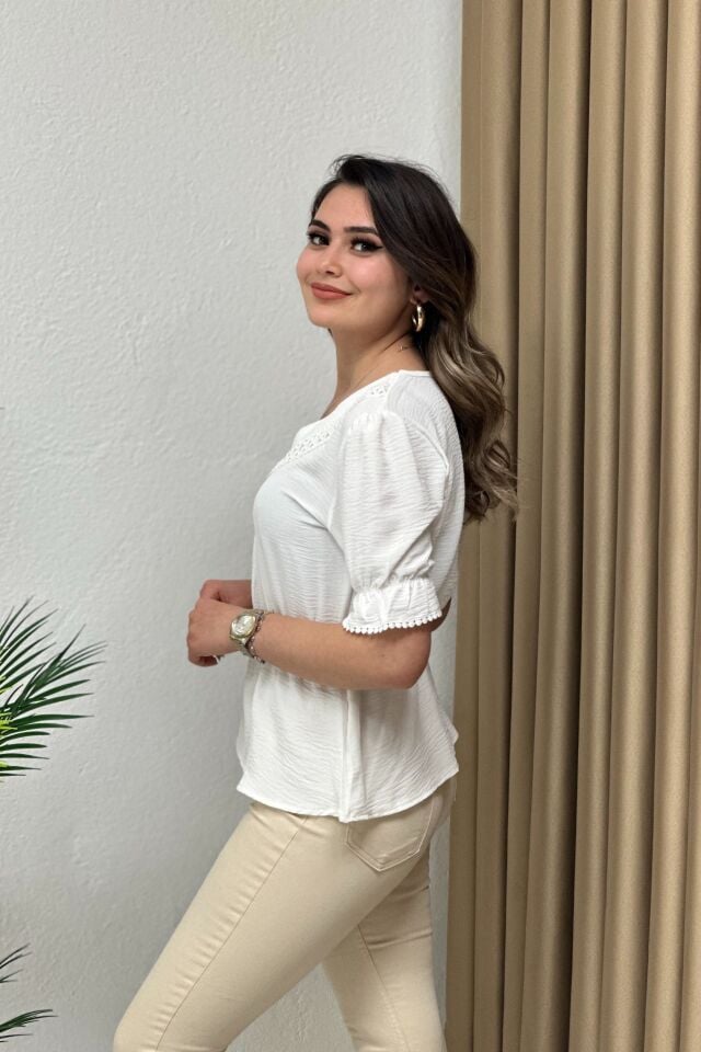 İthal Ayrobin Kumaş Bluz Beyaz