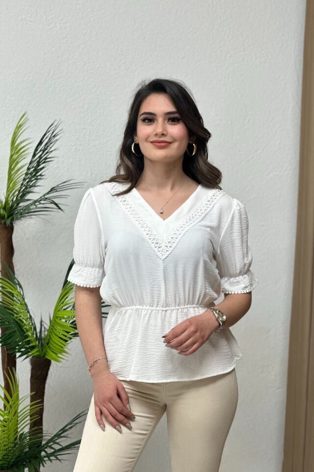 İthal Ayrobin Kumaş Bluz Beyaz