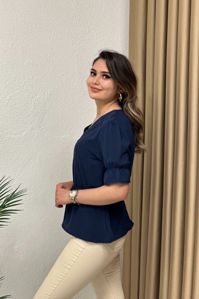 İthal Ayrobin Kumaş Bluz Lacivert