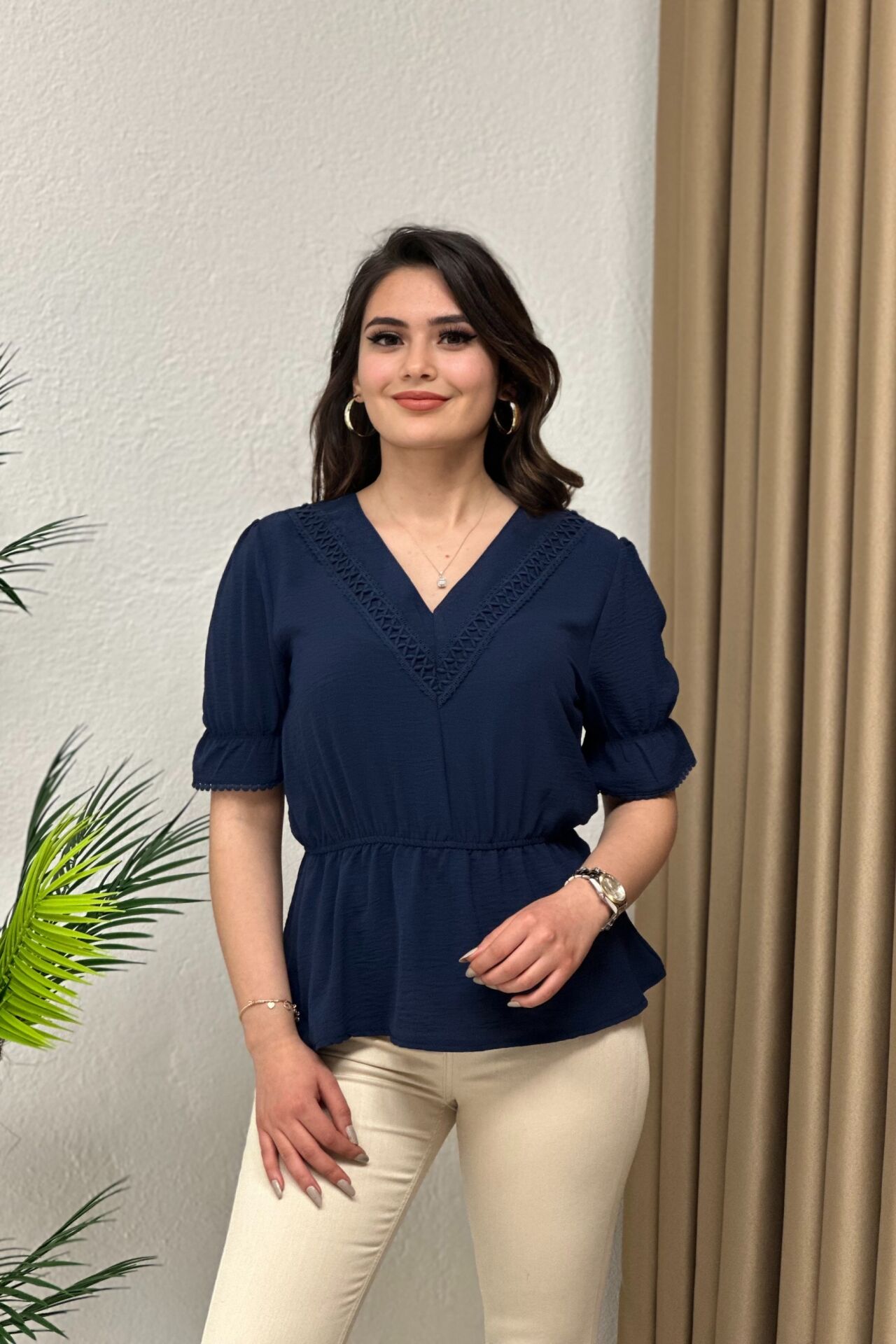 İthal Ayrobin Kumaş Bluz Lacivert