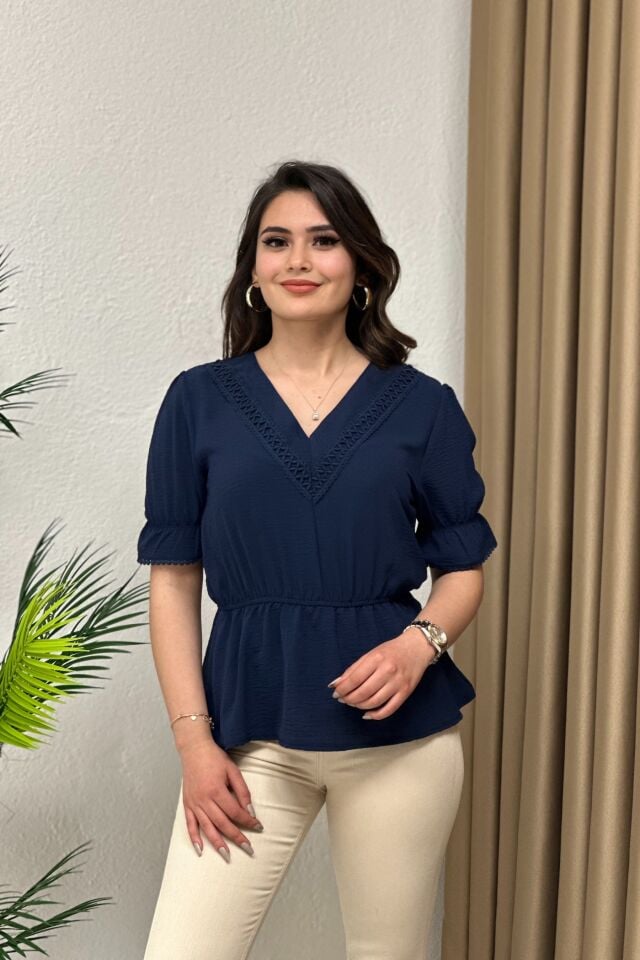 İthal Ayrobin Kumaş Bluz Lacivert