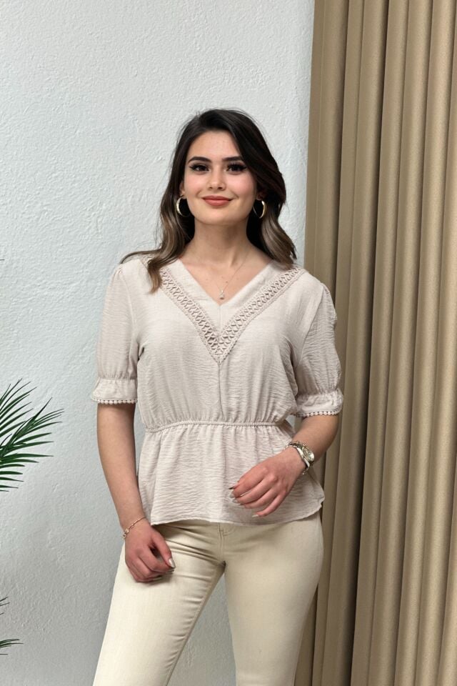 İthal Ayrobin Kumaş Bluz Bej