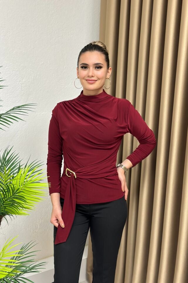 Sandy Kumaş Gold Tokalı Kuşak Detarylı Drapeli Bluz Bordo