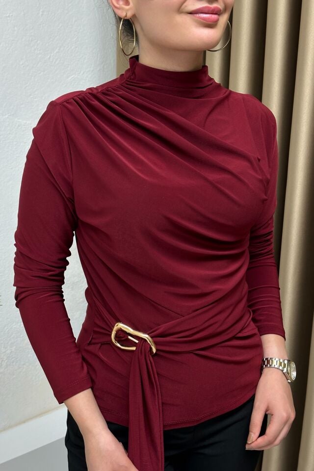 Sandy Kumaş Gold Tokalı Kuşak Detarylı Drapeli Bluz Bordo