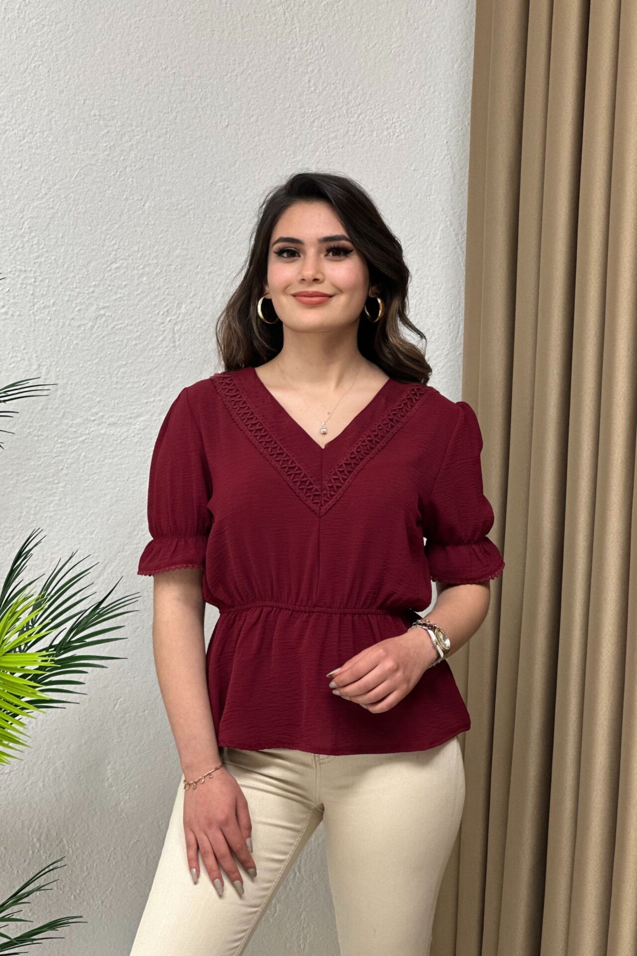 İthal Ayrobin Kumaş Bluz Bordo