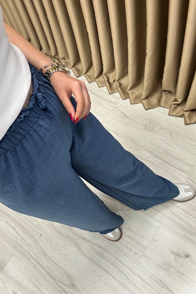 Tensel Kumaş Beli Lastikli Dökümlü Pantolon İndigo Mavi