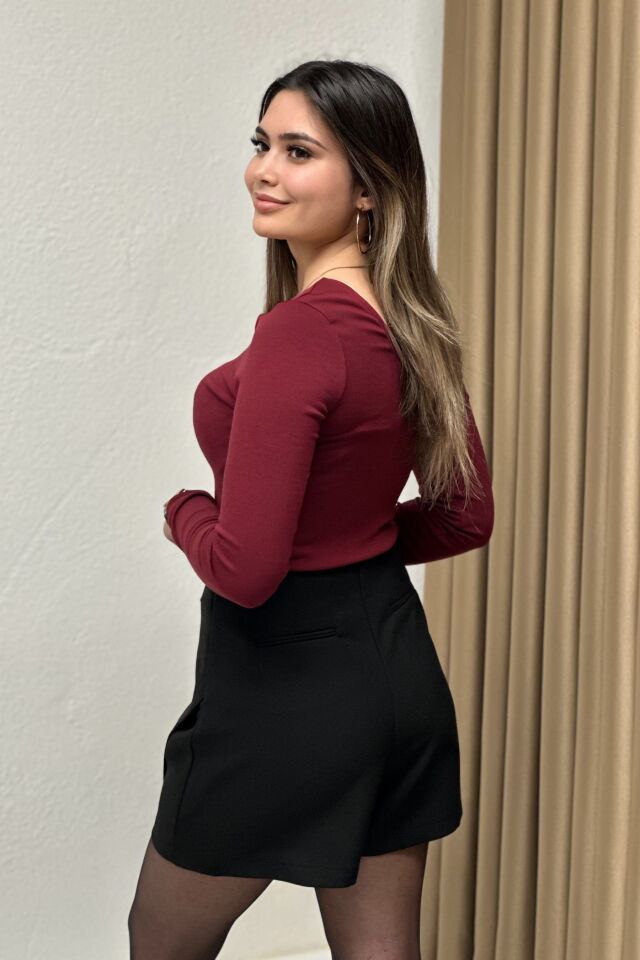 Oysh Modal Kumaş Kayık Yaka Body Bordo