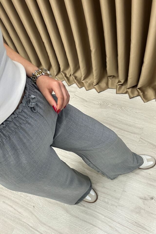 Tensel Kumaş Beli Lastikli Dökümlü Pantolon Gri