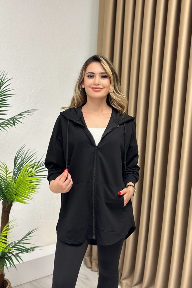 Kapşonlu Oval Kesimli Ceket Siyah