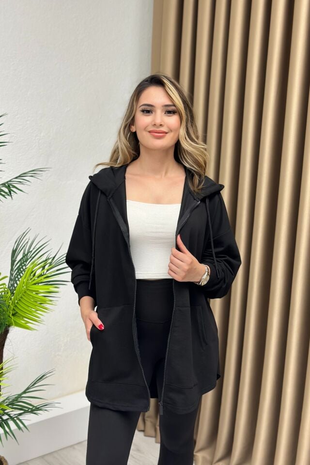 Kapşonlu Oval Kesimli Ceket Siyah