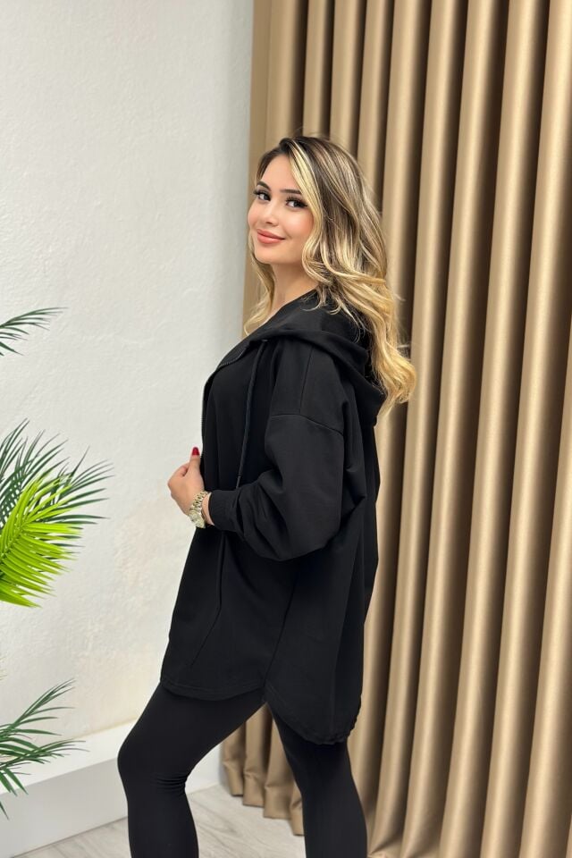 Kapşonlu Oval Kesimli Ceket Siyah