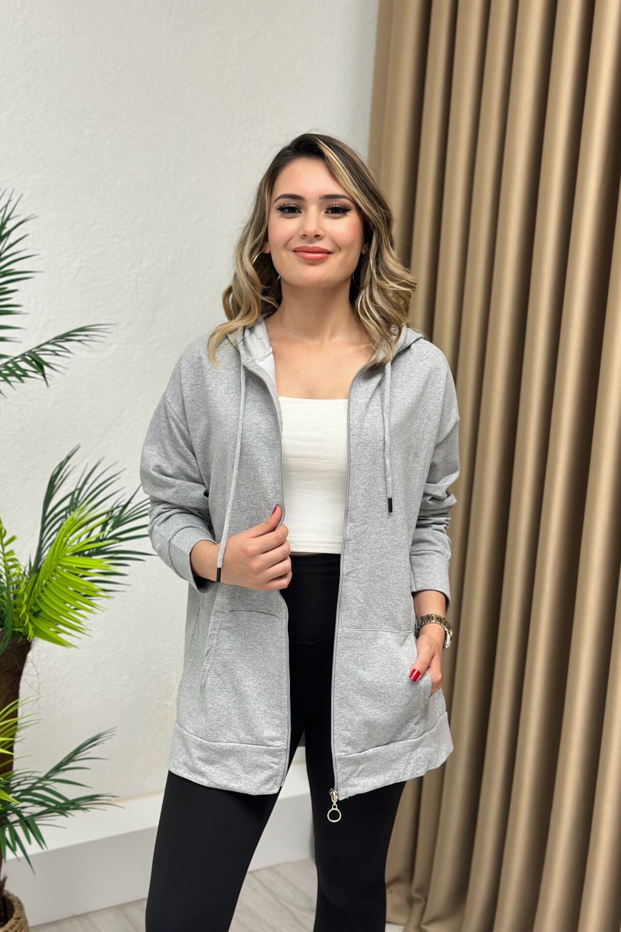 Kapşonlu Fermuarlı Ceket Gri