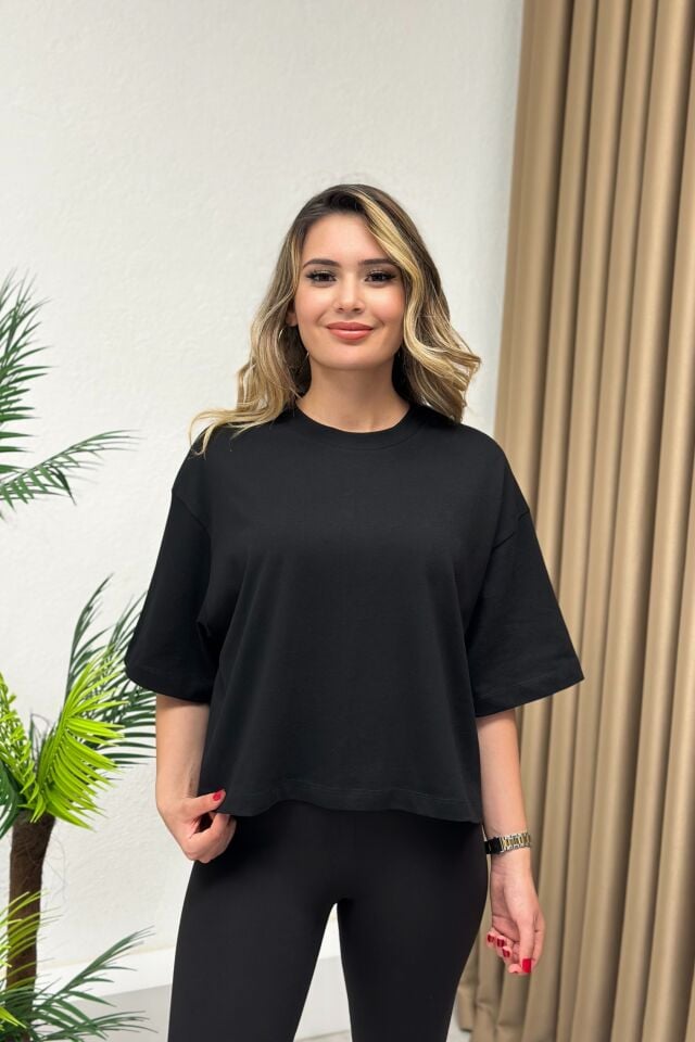 Orjinal Marka Crop Oversize T-Shirt Siyah