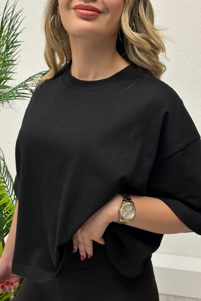 Orjinal Marka Crop Oversize T-Shirt Siyah