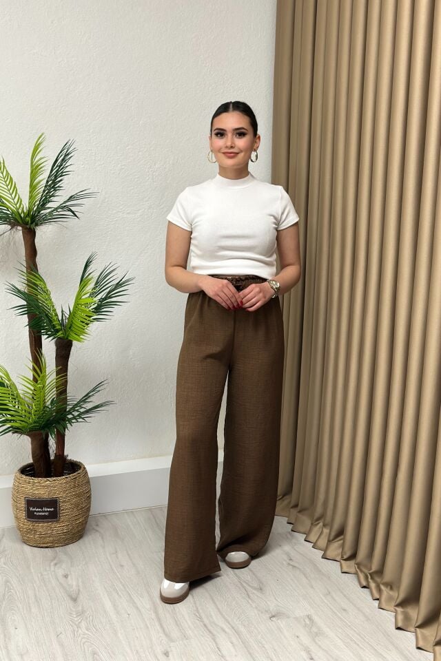 Tensel Kumaş Beli Lastikli Dökümlü Pantolon Kahverengi