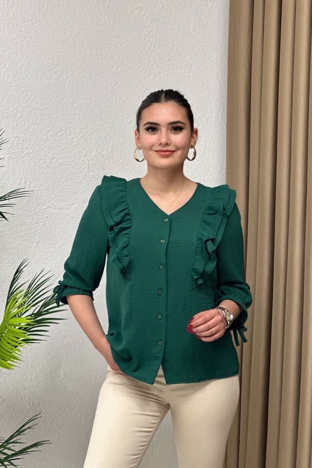 İthal Ayrobin Kumaş Fırfır Detaylı Bluz Zümrüt Yeşil