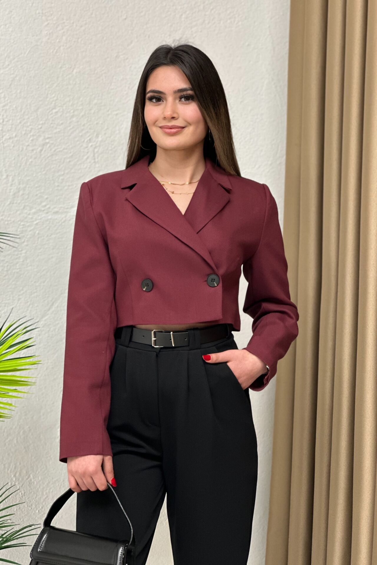 Crop Blazer Ceket Bordo