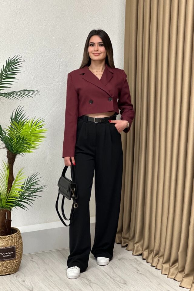 Crop Blazer Ceket Bordo