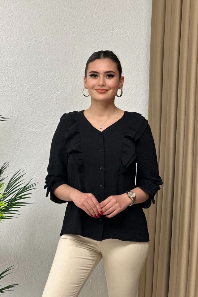 İthal Ayrobin Kumaş Fırfır Detaylı Bluz Siyah