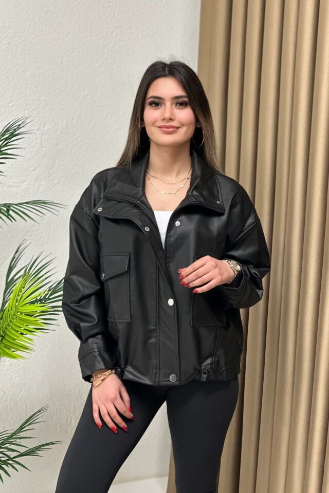 Oversize Deri Ceket Siyah