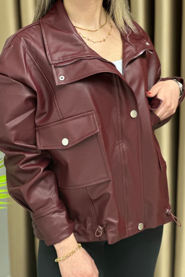 Oversize Deri Ceket Bordo