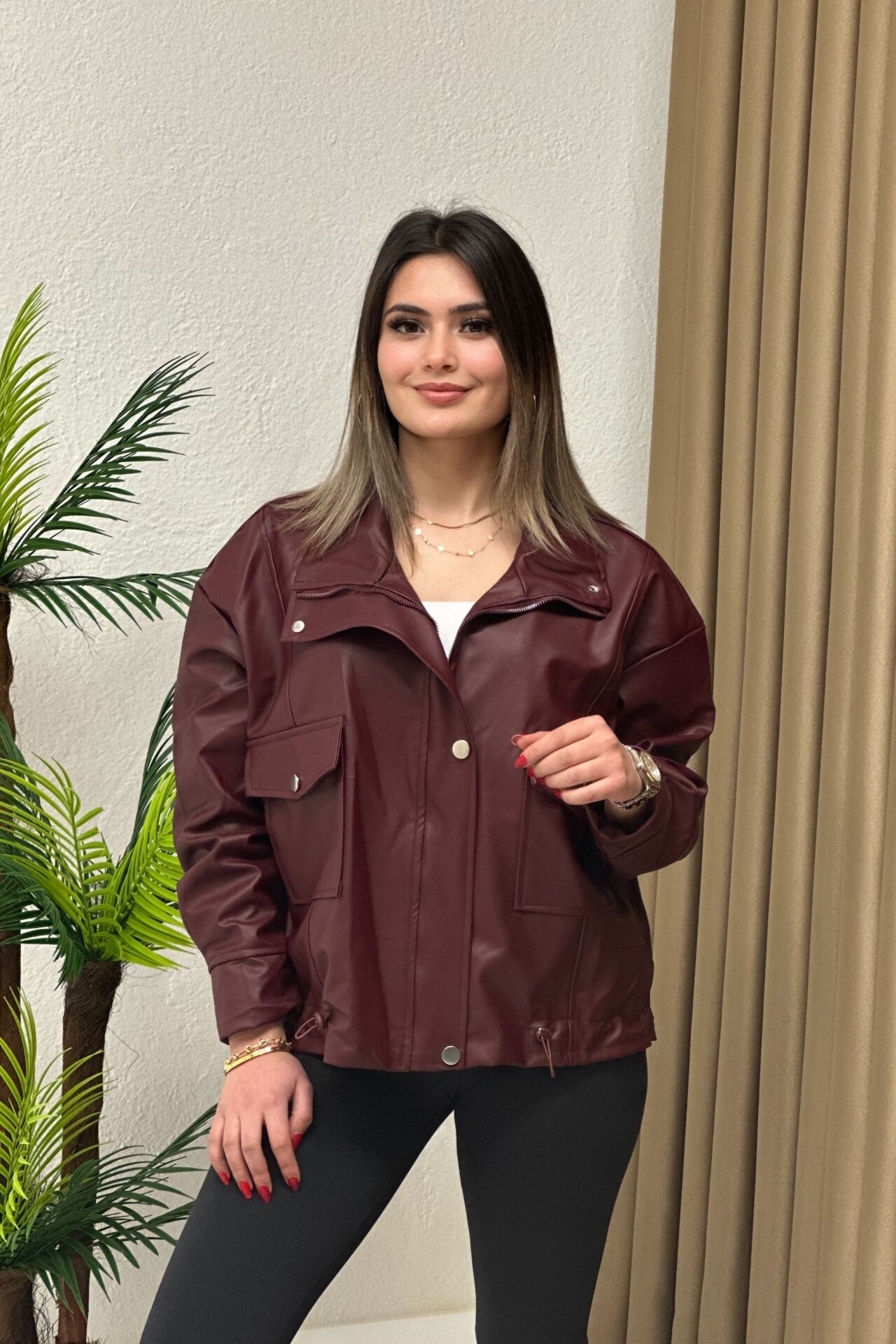 Oversize Deri Ceket Bordo