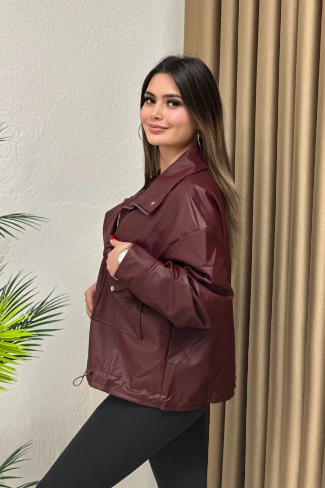 Oversize Deri Ceket Bordo