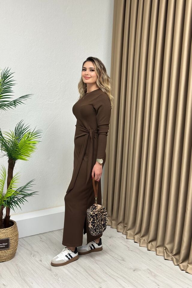 Modal Kumaş Bağlama Detaylım Elbise Acı Kahve