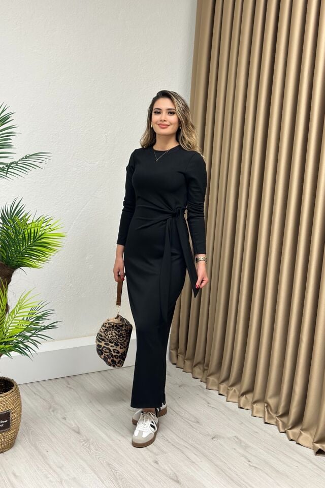Modal Kumaş Bağlama Detaylım Elbise Siyah