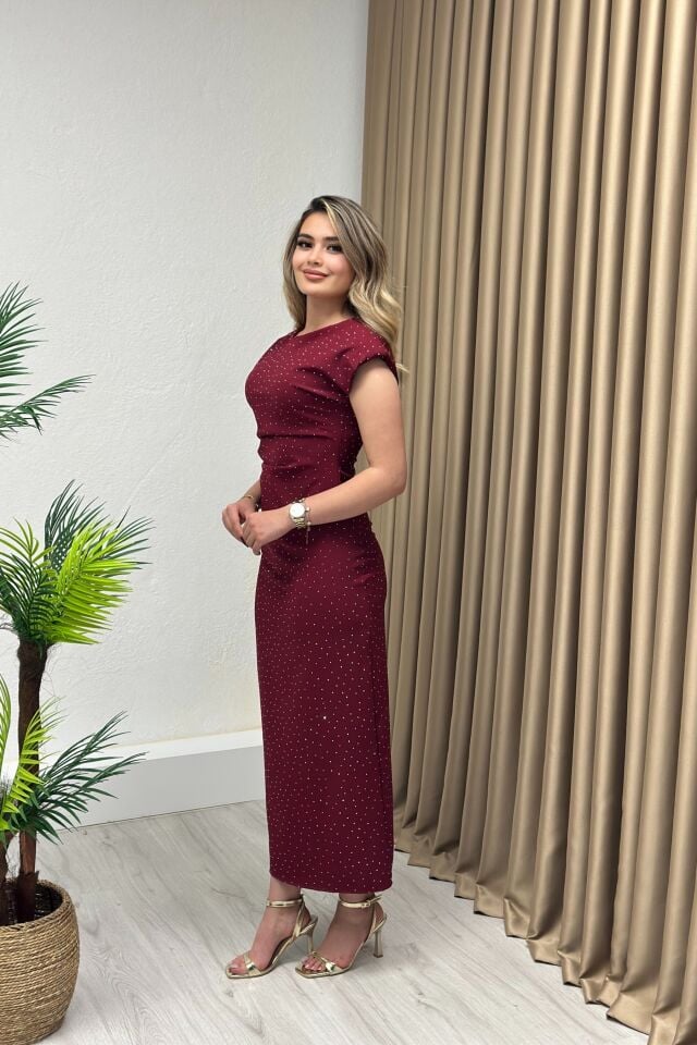 Drapeli Taşlı Elbise Bordo