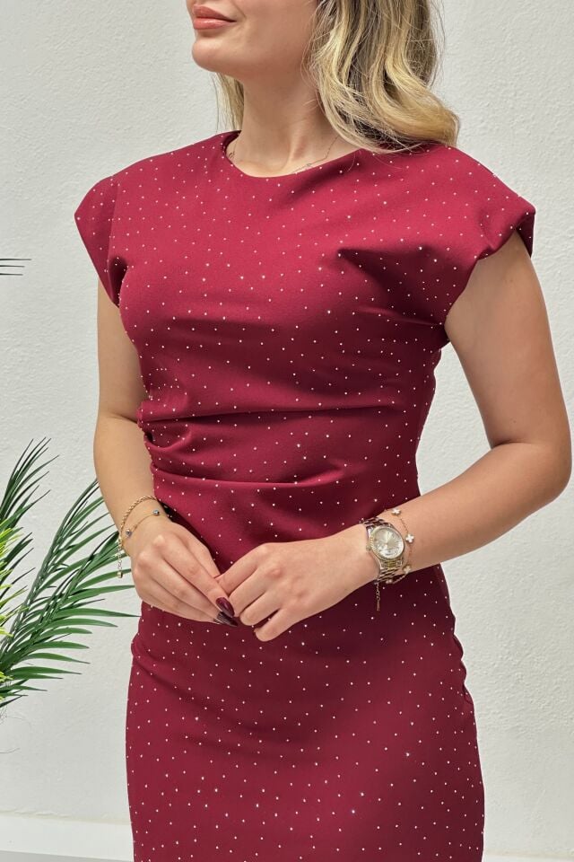 Drapeli Taşlı Elbise Bordo