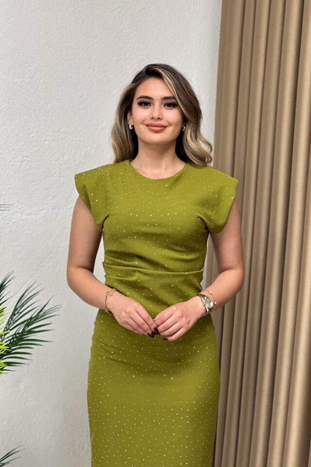 Drapeli Taşlı Elbise Yağ Yeşili