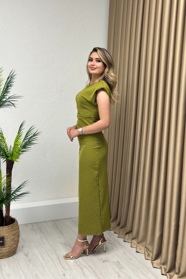 Drapeli Taşlı Elbise Yağ Yeşili
