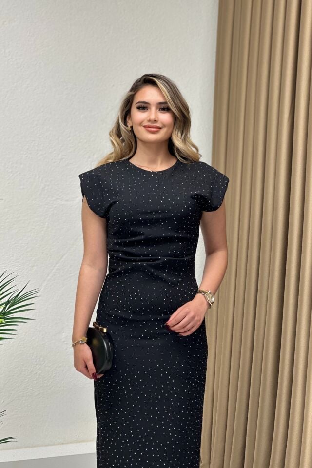 Drapeli Taşlı Elbise Siyah