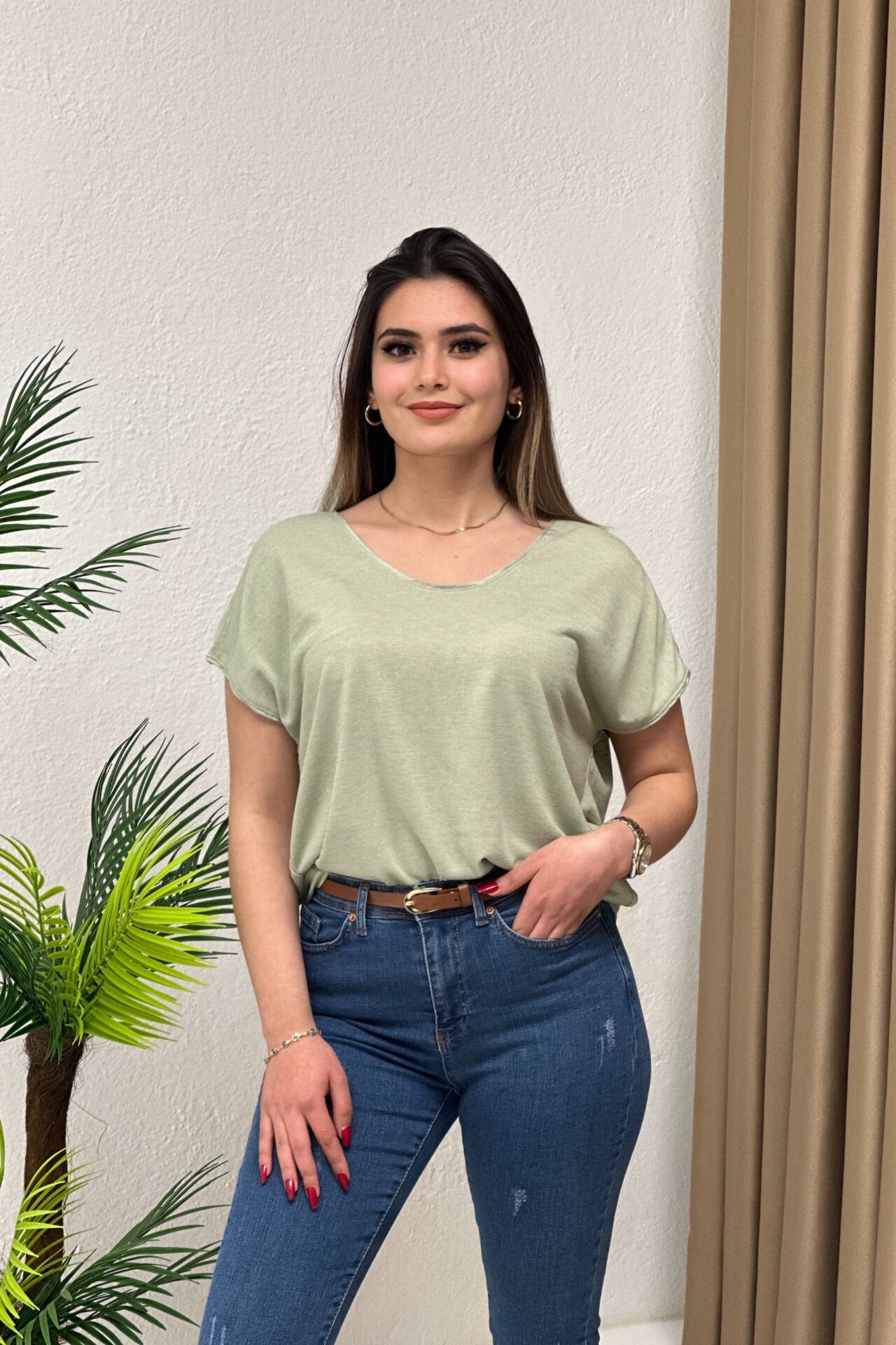 Orj. Marka Kayık Yaka Bluz Mint Yeşil