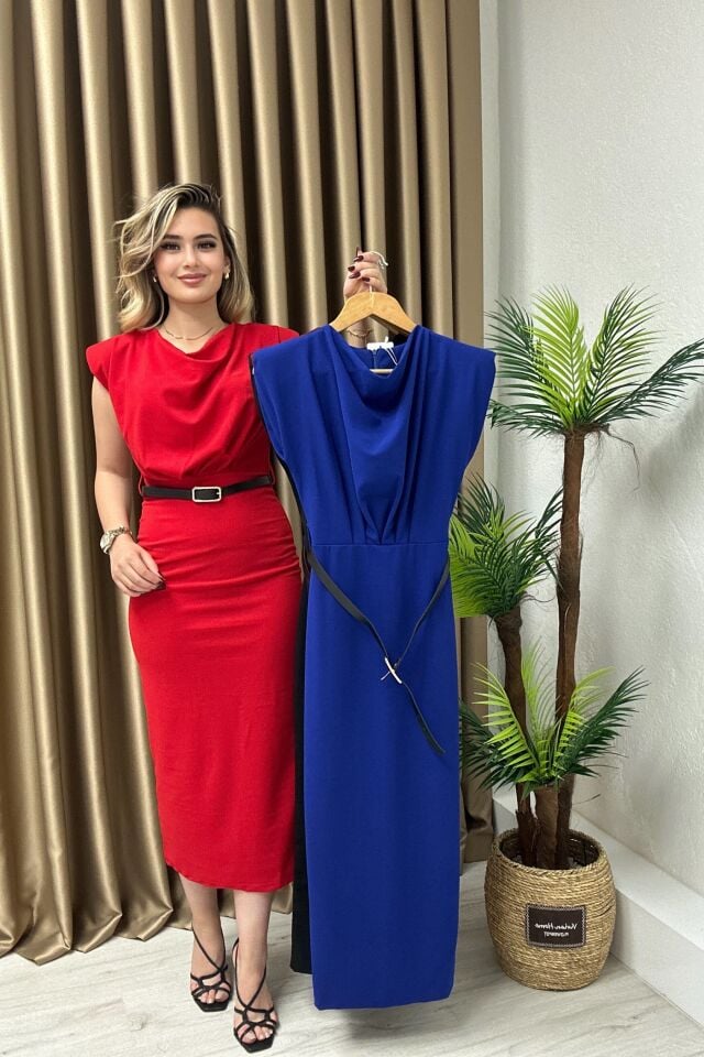 Degaje Yaka Kemerli Kalem Elbise Kırmızı