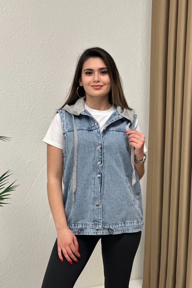 Gri Kapşonlu Jean Yelek