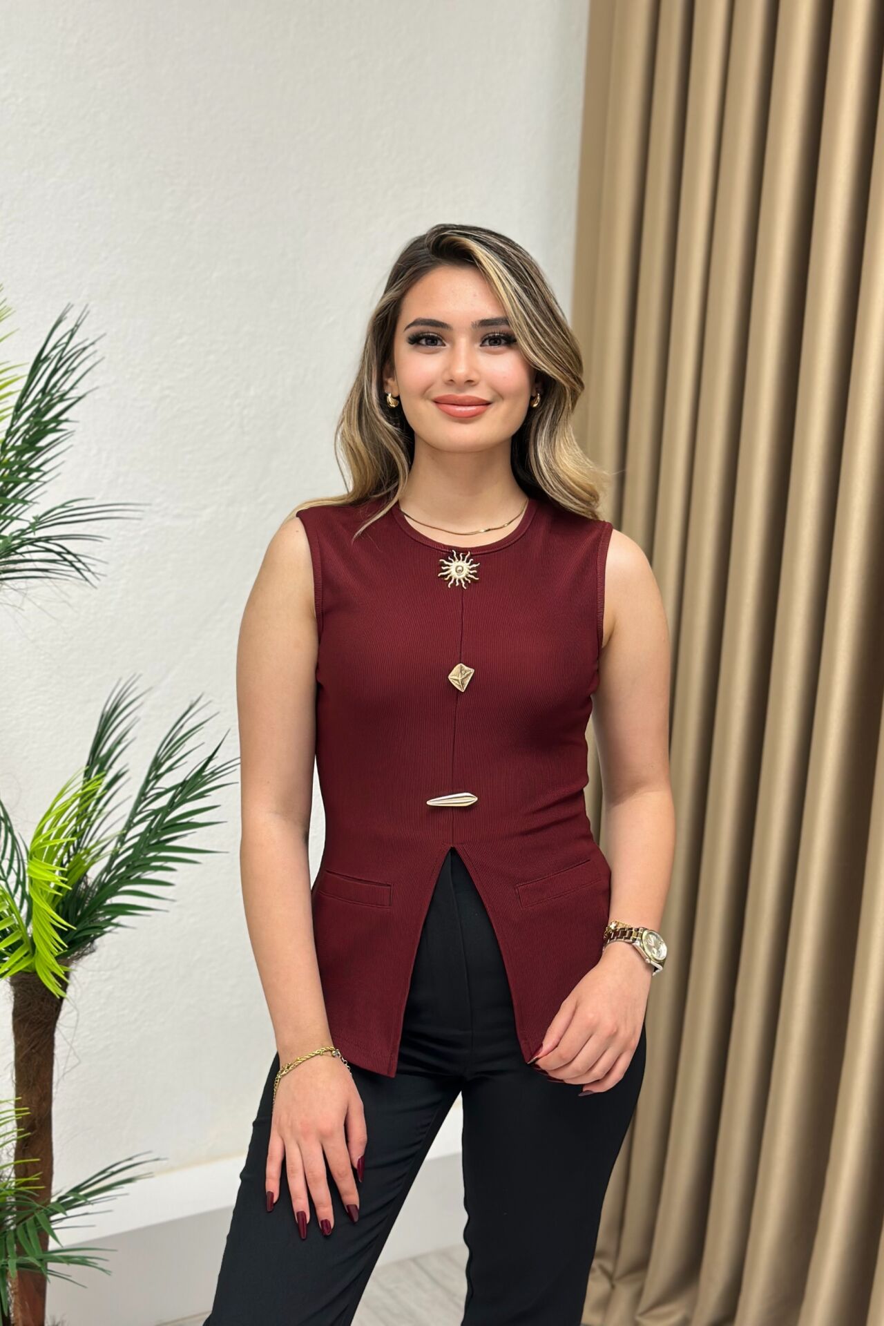 Güneş Serisi Ottoman Kumaş Bluz Bordo