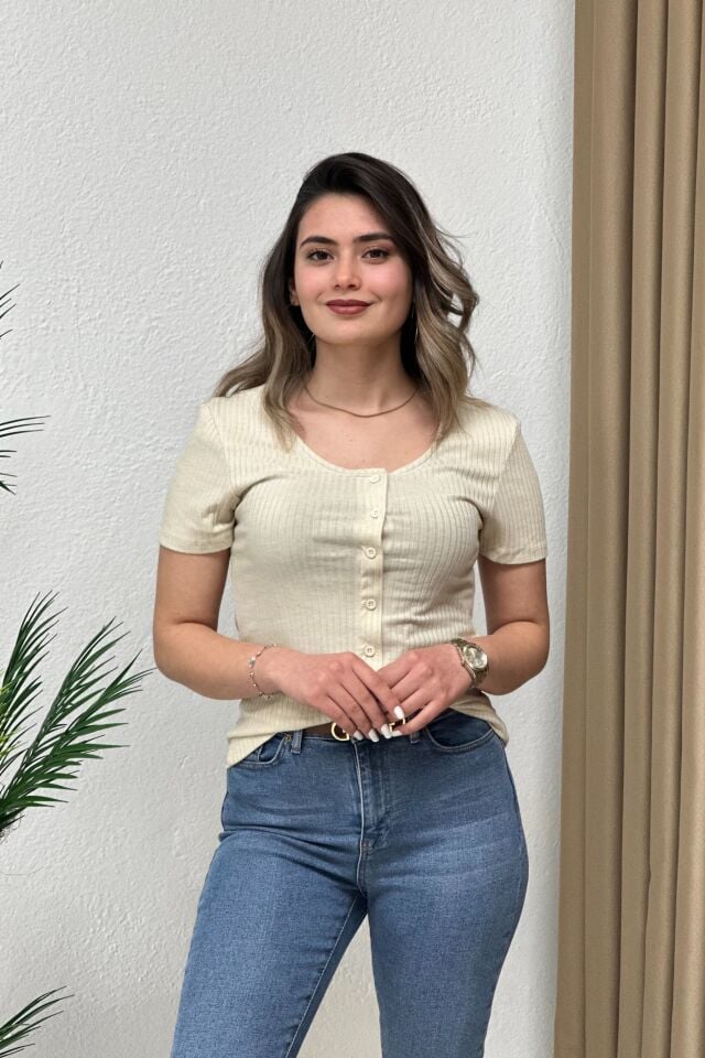 Düğmeli Fitilli T-Shirt Bej