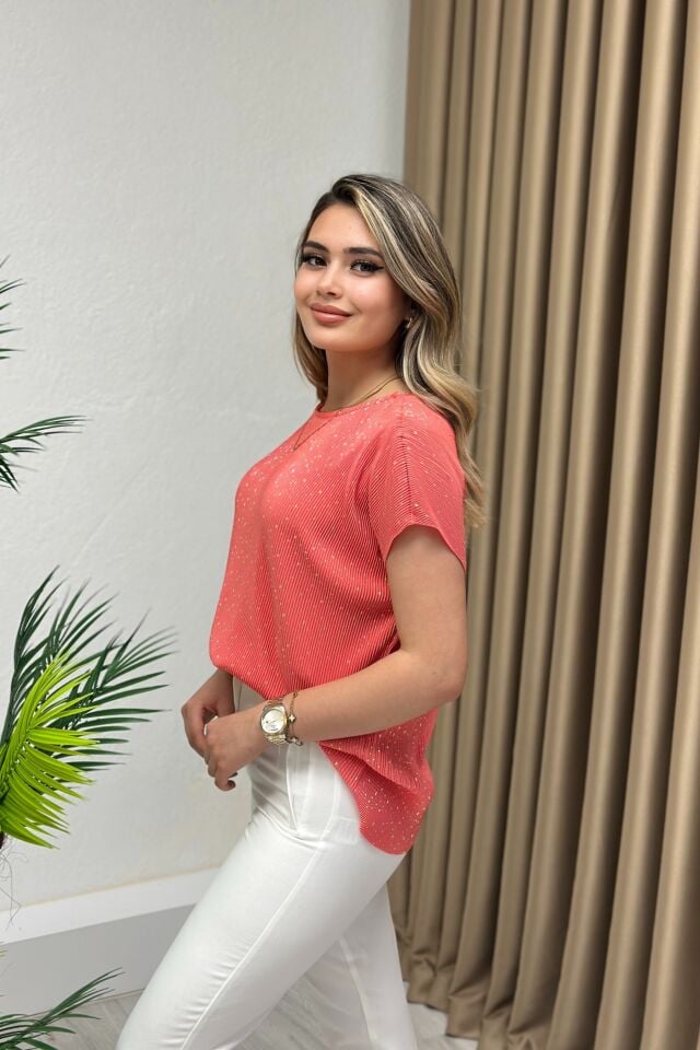 Orjinal Marka Varaklı Piliseli Bluz Somon