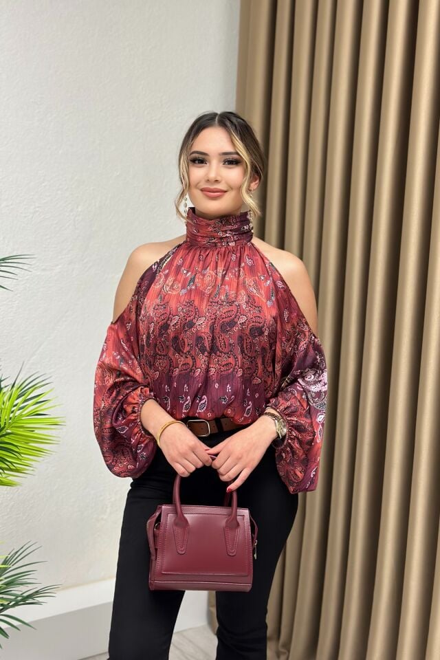 Premium Kalite Omuz Dekolteli Tasarım Bluz Bordo